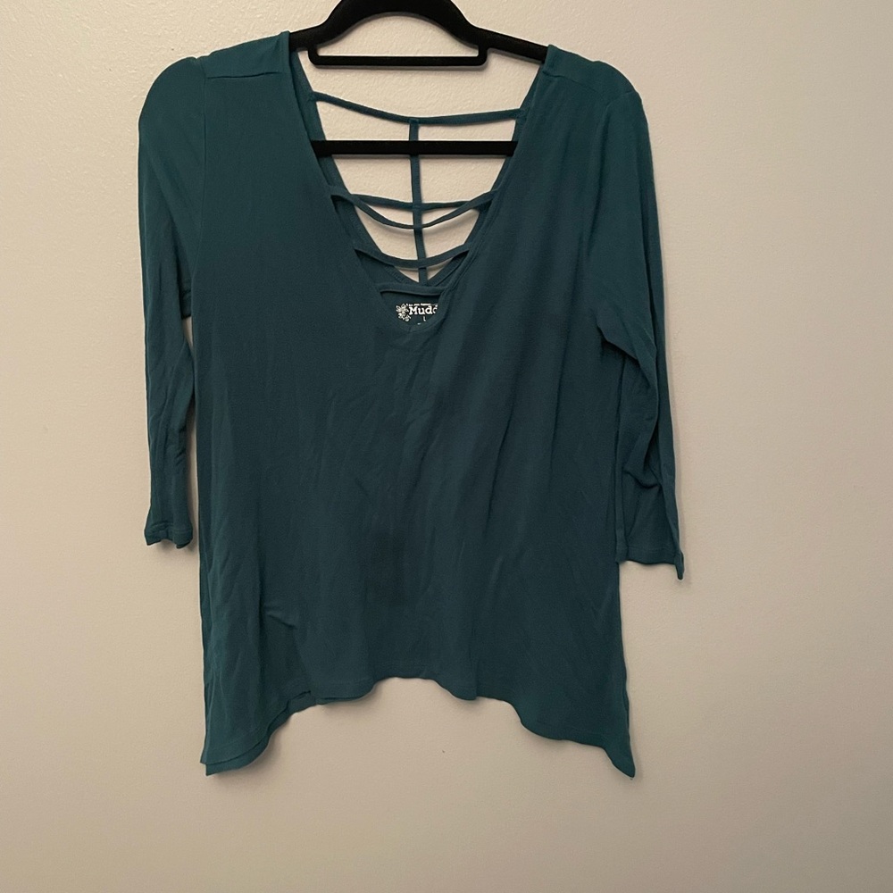 Dark Teal double V neck flowy long sleeve top
